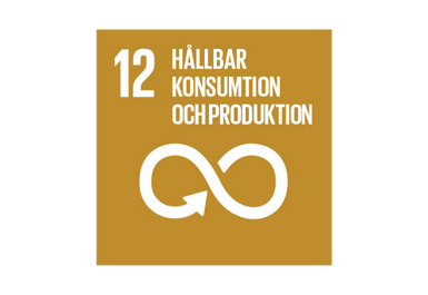 Ikon för mål 12: Hållbar konsumtion och produktion med vit cirkulär pil på gulbrun bakgrund