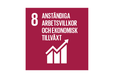 Ikon för mål 8: Anständiga arbetsvillkor och ekonomisk tillväxt med vit stapeldiagram och uppåtgående pil på röd bakgrund